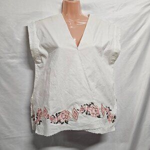 Ruti V Neck Embroidered Cap Sleeve Top Blouse Shirt Women Size 2 White Cotton